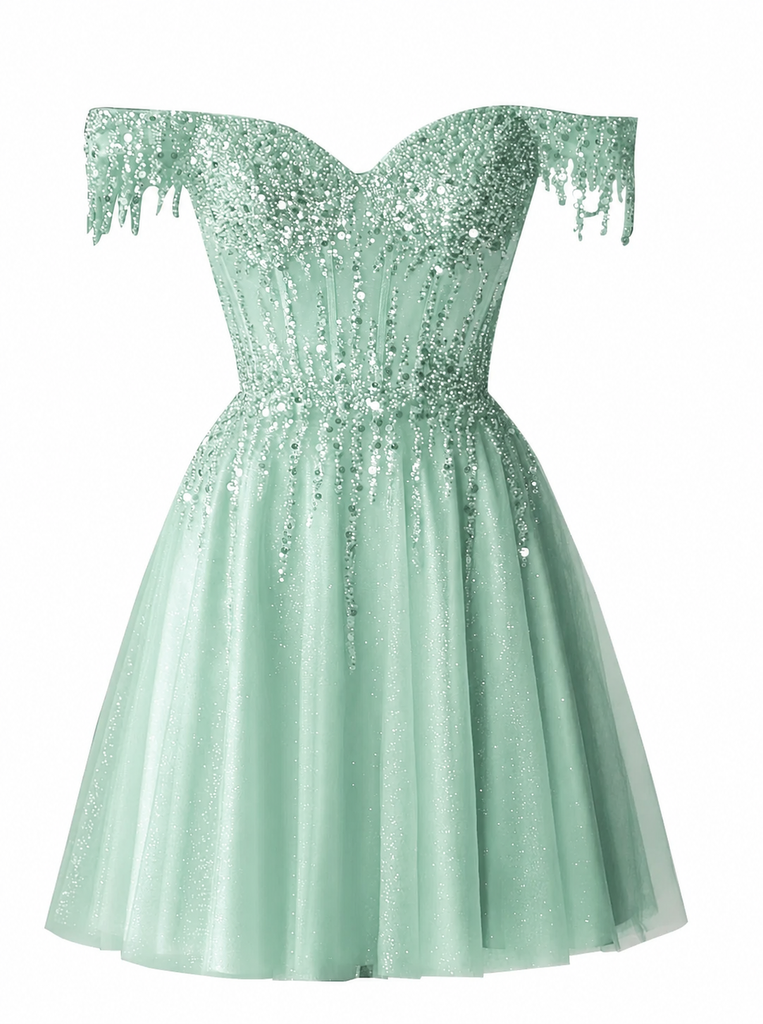 Elegant Red Beaded A-line Tulle Homecoming Dress, HC382322