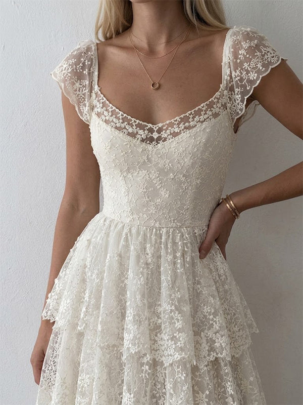 Elegant Floral Lace A-line Chiffon Wedding Dress with Cap Sleeves, WD3226