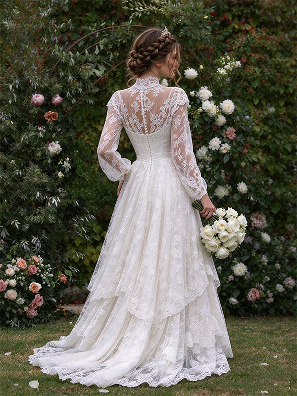 Vintage High Neck Long Sleeve A-line Lace Wedding Dress, WD32243