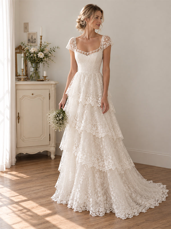 Elegant Floral Lace A-line Chiffon Wedding Dress with Cap Sleeves, WD3226