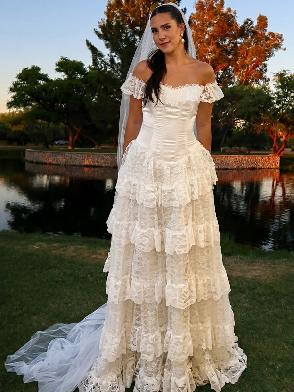 Elegant Off the Shoulder A-line Tiered Lace Wedding Dress, WD3223