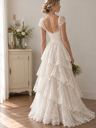 Elegant Floral Lace A-line Chiffon Wedding Dress with Cap Sleeves, WD3226