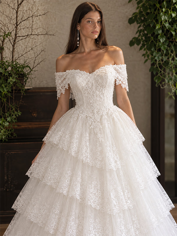 Vintage Tiered Lace Off Shoulder  A-Line  Wedding Dress, WD32230