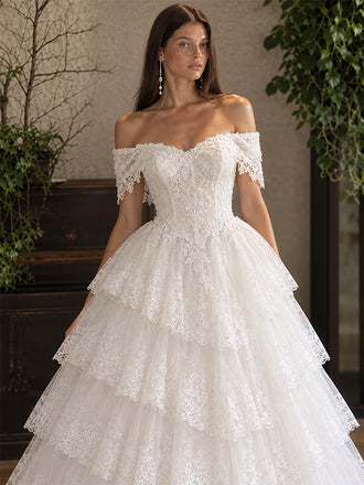 Vintage Tiered Lace Off Shoulder  A-Line  Wedding Dress, WD32230