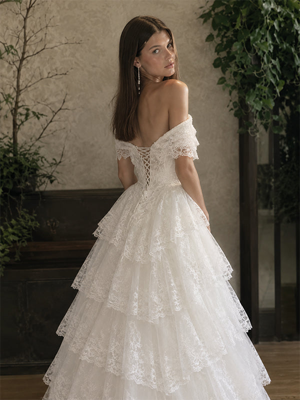 Vintage Tiered Lace Off Shoulder  A-Line  Wedding Dress, WD32230