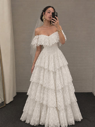 Vintage Ivory Off Shoulder A-line Ruffled Tiered Wedding Dress, WD32237