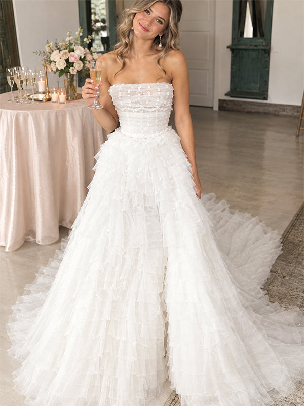 Gorgeous Strarpless A-line Tiered Tulle Wedding Dress, WD3112