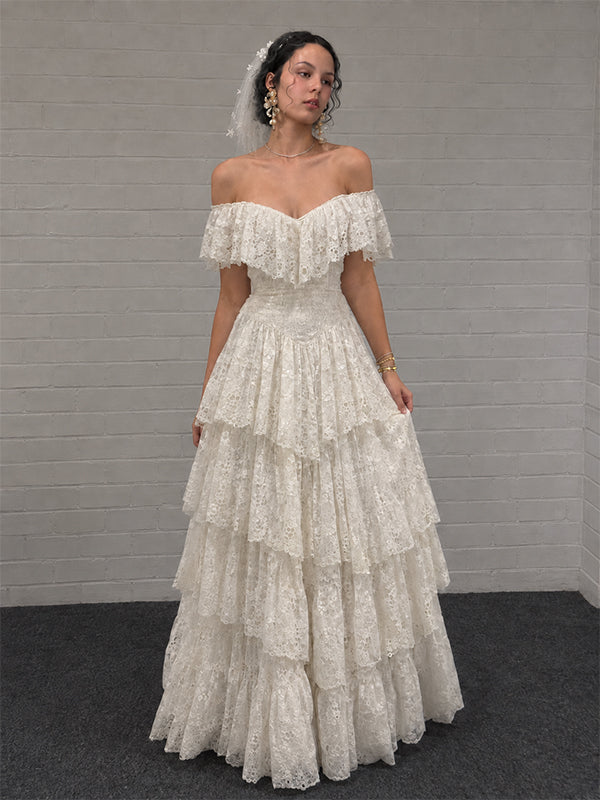 Vintage Ivory Off Shoulder A-line Ruffled Tiered Weding Dress, WD32237