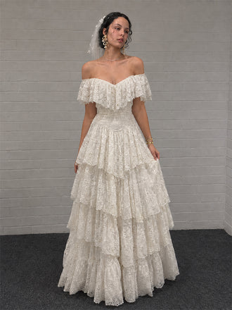 Vintage Ivory Off Shoulder A-line Ruffled Tiered Weding Dress, WD32237