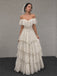 Vintage Ivory Off Shoulder A-line Ruffled Tiered Weding Dress, WD32237