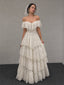 Vintage Ivory Off Shoulder A-line Ruffled Tiered Weding Dress, WD32237