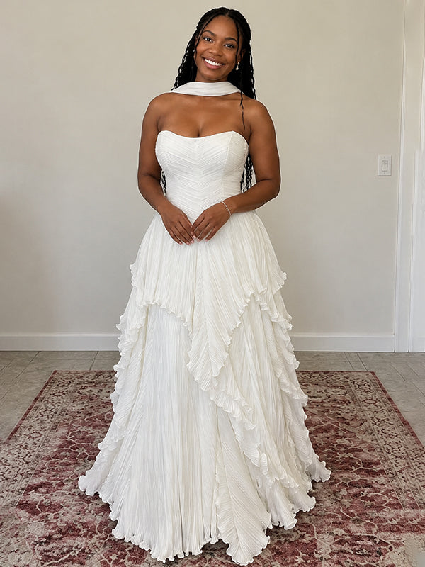 Elegant Ivory Strapless Pleated Ruffled A-line Weding Dress, WD32236