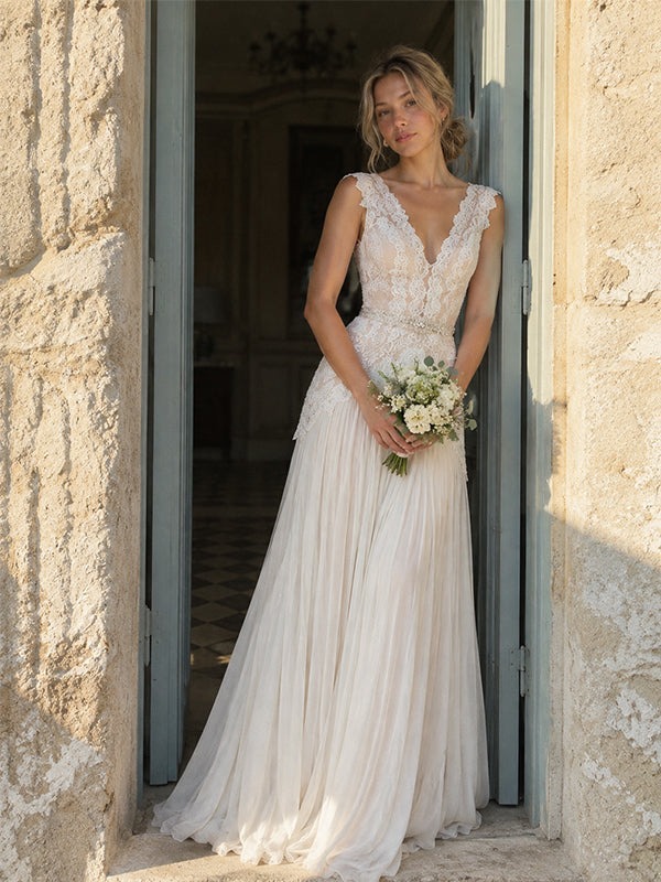 Bohemian A-line Lace Chiffon Wedding Dress with Beaded Waist, WD32242