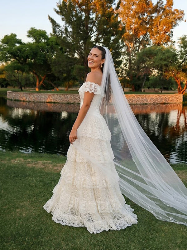 Elegant Off the Shoulder A-line Tiered Lace Wedding Dress, WD3223