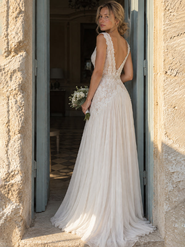 Bohemian A-line Lace Chiffon Wedding Dress with Beaded Waist, WD32242