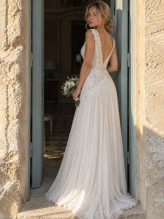 Bohemian A-line Lace Chiffon Wedding Dress with Beaded Waist, WD32242