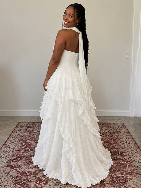Elegant Ivory Strapless Pleated Ruffled A-line Weding Dress, WD32236