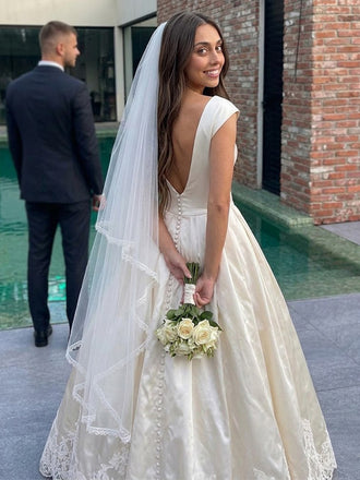 Elegant Floral Lace A-line Satin Wedding Dress with Cap Sleeves, WD3222