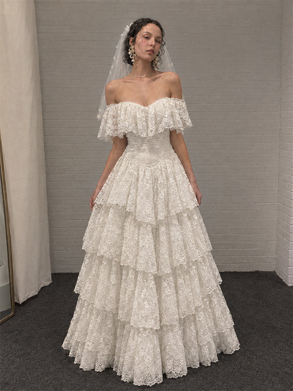 Vintage Ivory Off Shoulder A-line Ruffled Tiered Weding Dress, WD32237
