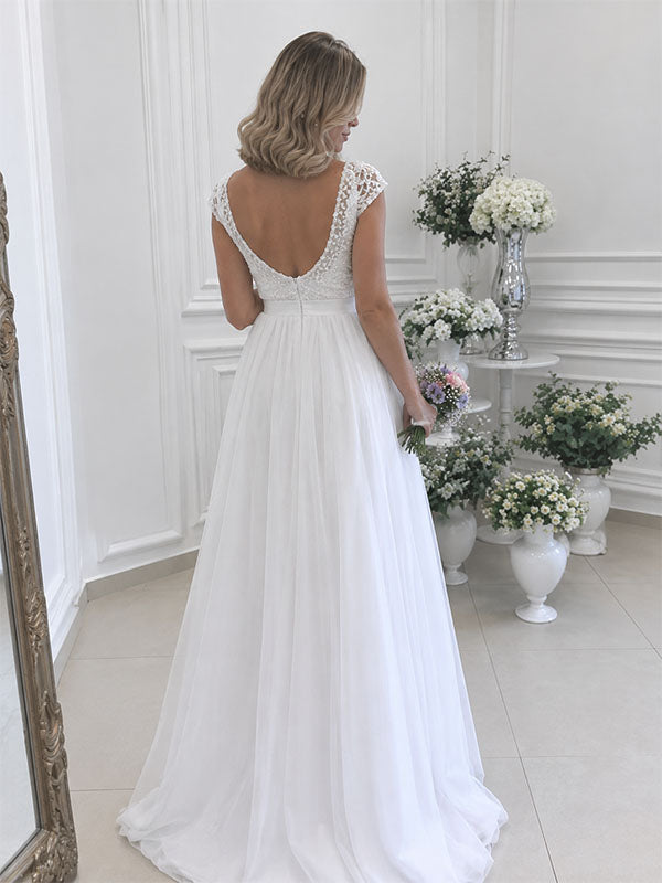 Elegant V-neck Lace Beaded A-line Long Wedding Dress, WD3113