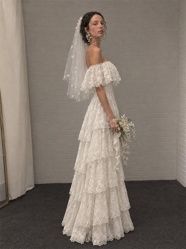 Vintage Ivory Off Shoulder A-line Ruffled Tiered Weding Dress, WD32237