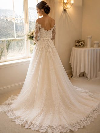 Elegant Long Sleeves Off Shoulder A-Line Lace Wedding Dresses, WD0220