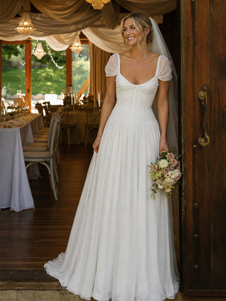 Elegant Ivory Chiffon Low Back A-Line Wedding Gown, Evening Gown, PD37673