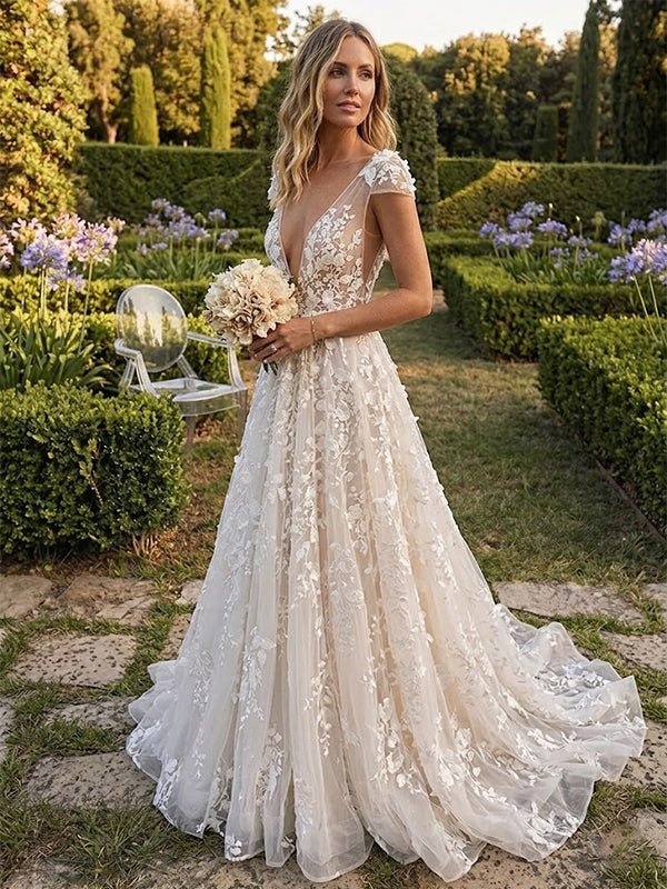 Gorgeous V-neck 3-D Floral A-line Wedding Dress with Cap Sleeves, WD3119