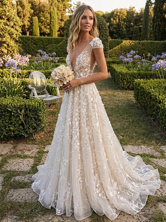 Gorgeous V-neck 3-D Floral A-line Wedding Dress with Cap Sleeves, WD3119