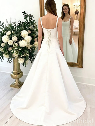 Timeless Ivory Square Neck Satin A-line Wedding Dress, PD38048