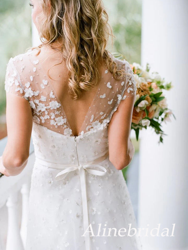 lace a line wedding dress with cap sleeves June Bridals A-Line V-Neck Cap-Sleeve Lace Summer Wedding Dress Beach With Illusion