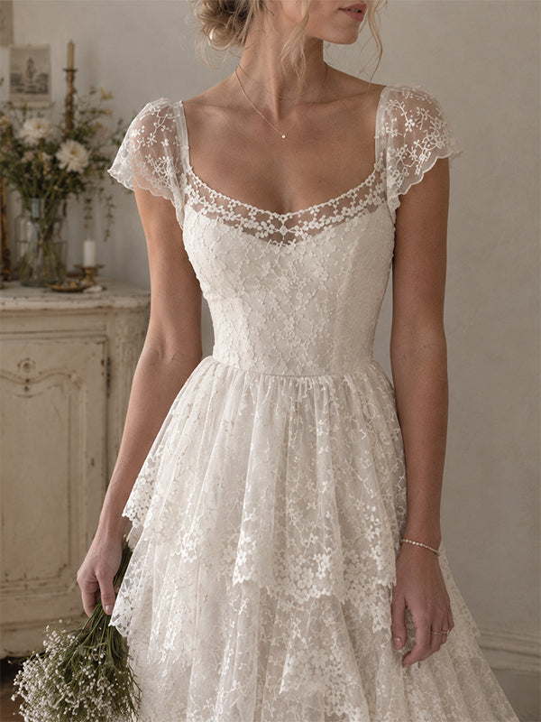 Elegant Floral Lace A-line Chiffon Wedding Dress with Cap Sleeves, WD3226