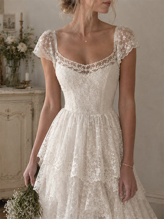 Elegant Floral Lace A-line Chiffon Wedding Dress with Cap Sleeves, WD3226