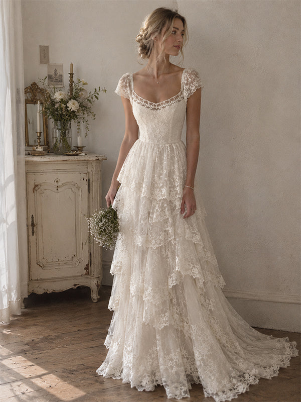 Elegant Floral Lace A-line Chiffon Wedding Dress with Cap Sleeves, WD3226