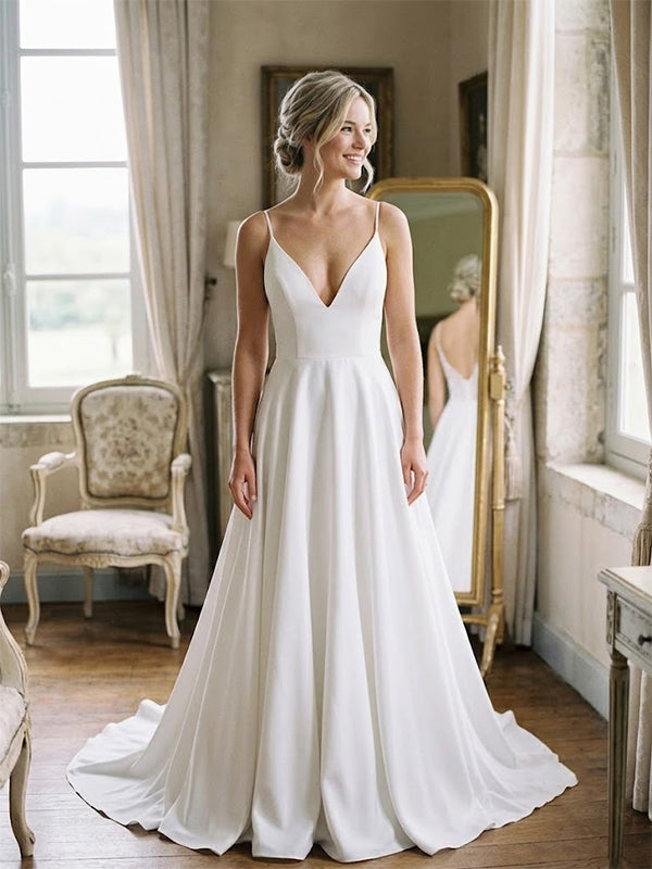 Elegant V-neck Low Back A-line Long Wedding Dress, WD3011 – AlineBridal