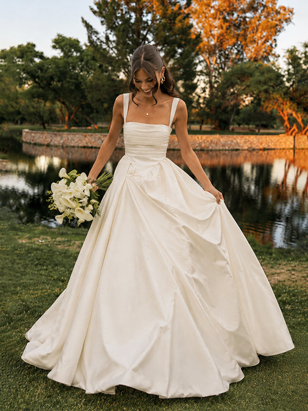 Elegant Minimalist Pleated A-line Satin Wedding Dress with Empire Waist, WD3220