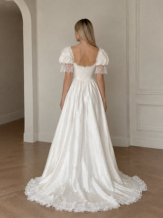 Elegant Off Shoulder A-line Lace Wedding Dress with Puff Sleeves, WD32244