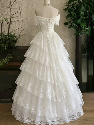 Gorgeous Off the Shoulder A-line Tiered Lace Wedding Gowns, WD32230