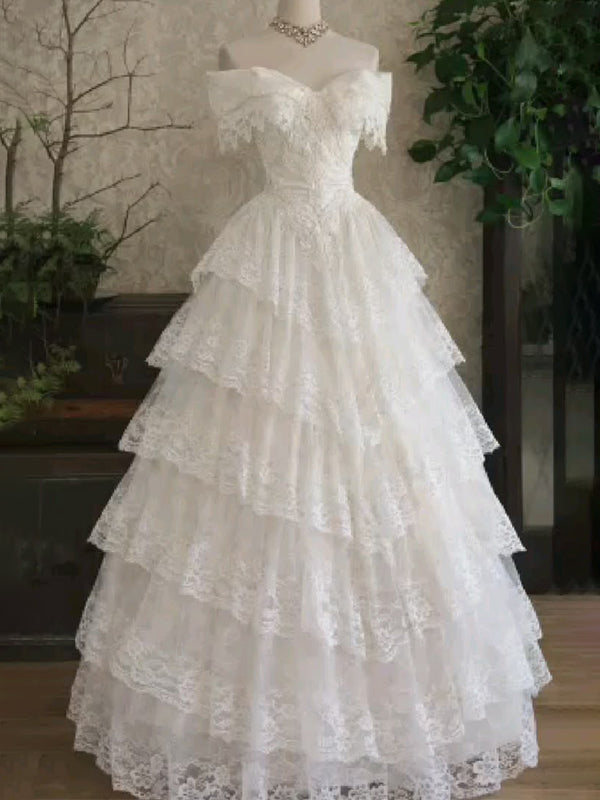 Gorgeous Off the Shoulder A-line Tiered Lace Wedding Gowns, WD32230