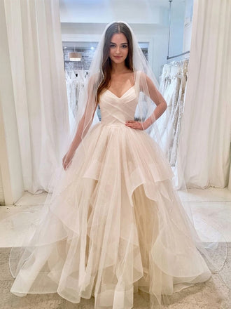 Unique Ivory V-Neck A-line Tiered Tulle Wedding Dresses, WD1103