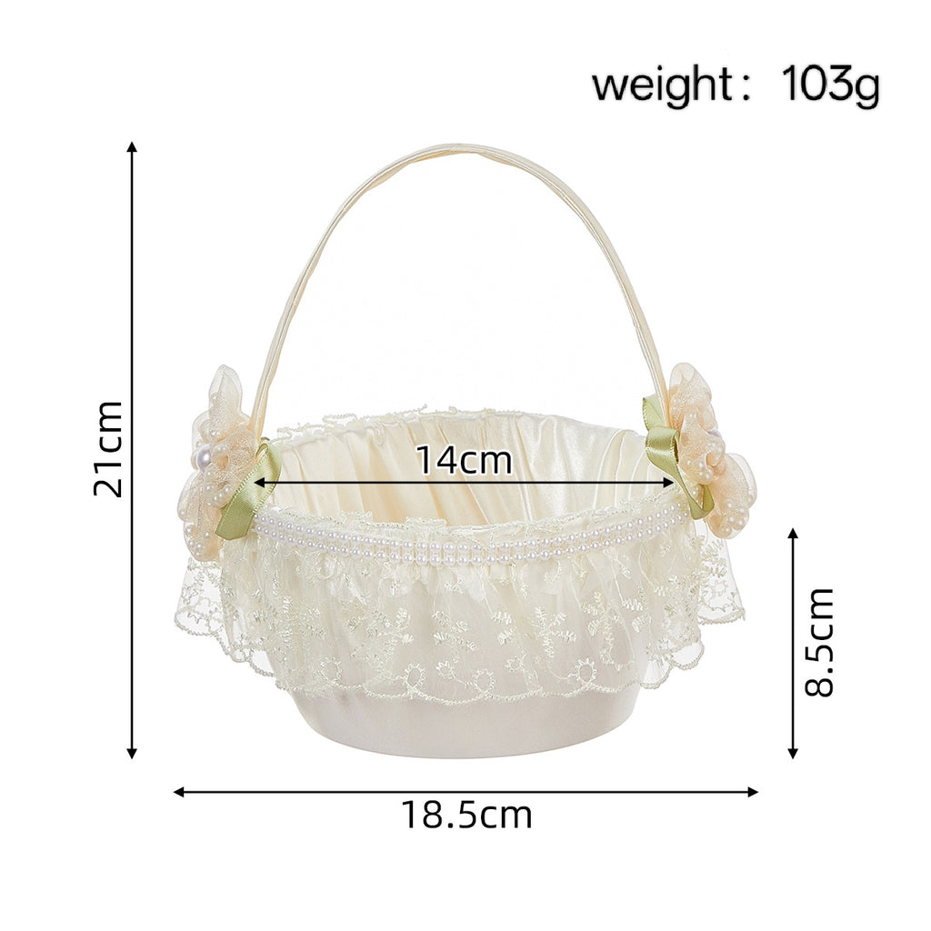 Ivory Lace Flower Girl Basket with Pearl-Accented Floral & Sage Green Ribbon Details