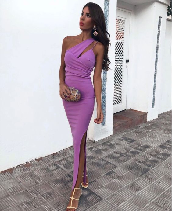 Elegant Purple One Shoulder Mide Evening Gown, PD2823102