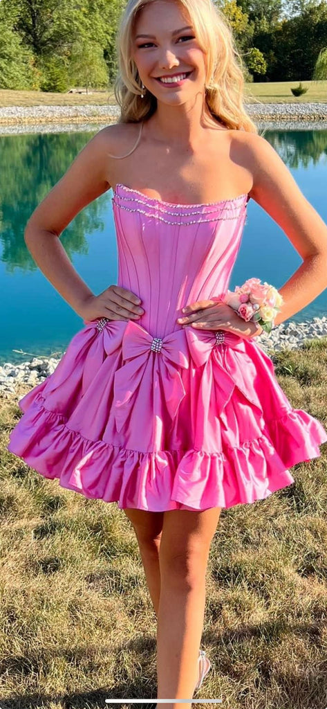 Metallic Strapless Corset Top  Ruffle A-lines Pink Short Homecoming Dress with Bow Detailing, PD382264