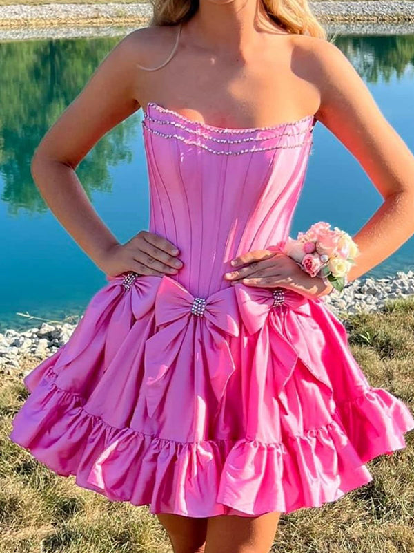 Metallic Strapless Corset Top  Ruffle A-lines Pink Short Homecoming Dress with Bow Detailing, PD382264