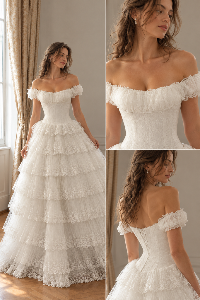 Gorgeous Off Shoulder A-line Lace Tiered Wedding Dress, WD32255