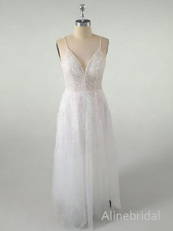 Sparkly White V-neck Spaghetti Strap A-line Long Prom Dress, Tulle Evening Gowns, PD38132