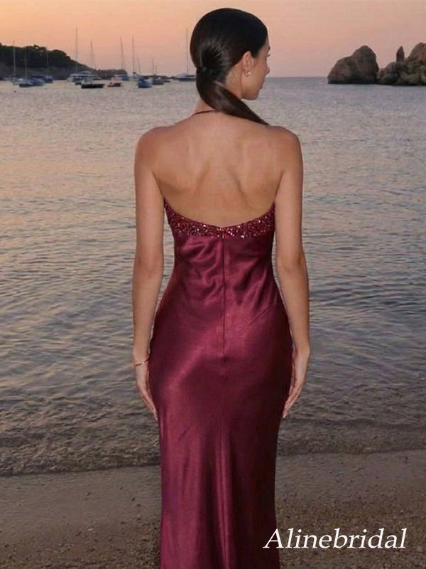Elegant Burgundy Beaded Halter Mermaid Prom Dress, Evening Dress, PD3823039