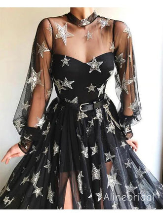 Stunning Black A-line Tulle Star Sequins Long Prom Dress with Slit, Evening Dress, PD3822980