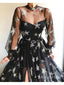 Stunning Black A-line Tulle Star Sequins Long Prom Dress with Slit, Evening Dress, PD3822980