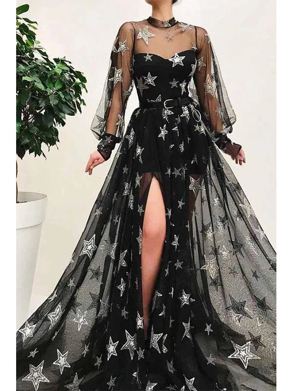 Stunning Black A-line Tulle Star Sequins Long Prom Dress with Slit, Evening Dress, PD3822980